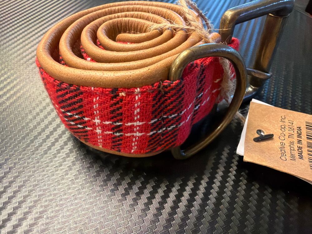 NWT Creative Co-op Cotton & Leather Large  Red Plaid Dog Collar Item # XS5767A